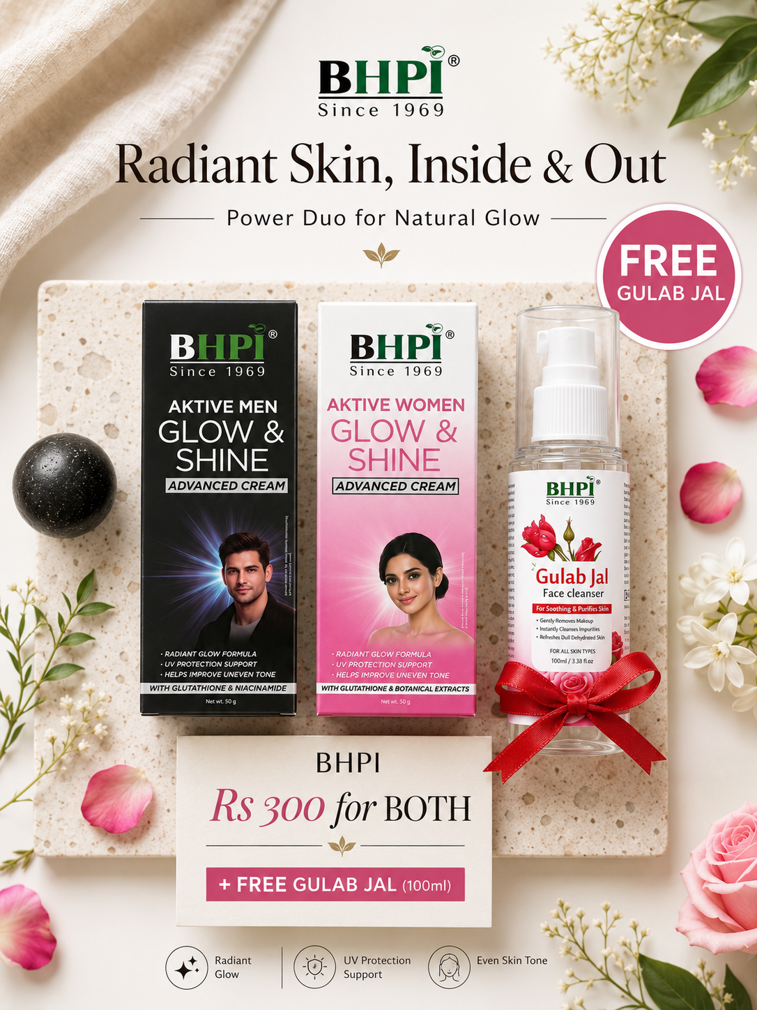 BHPI Glow & Shine Combo for Men & Women + FREE Gulab Jal Face Cleanser | Radiant Skin Care Combo | ₹300 Only